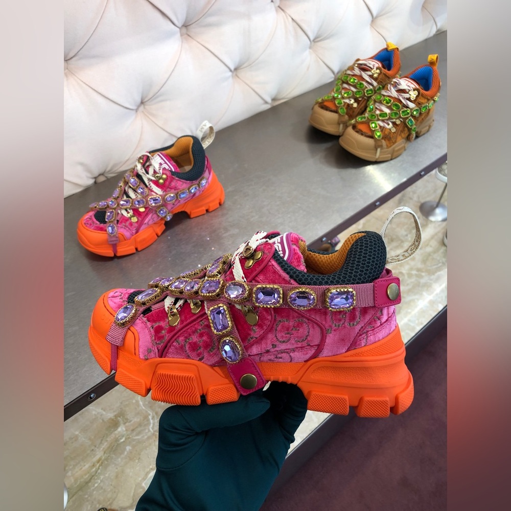 GUCCI VELVET GG Pink Orange Flashtrek Sneakers With Crystals Size 41 10